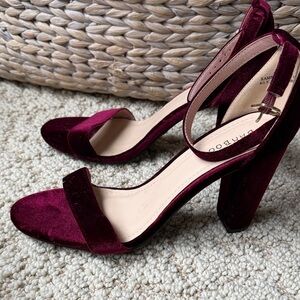 Velvet Ankle-Strap Block Heel Sandals - Wine Burgundy